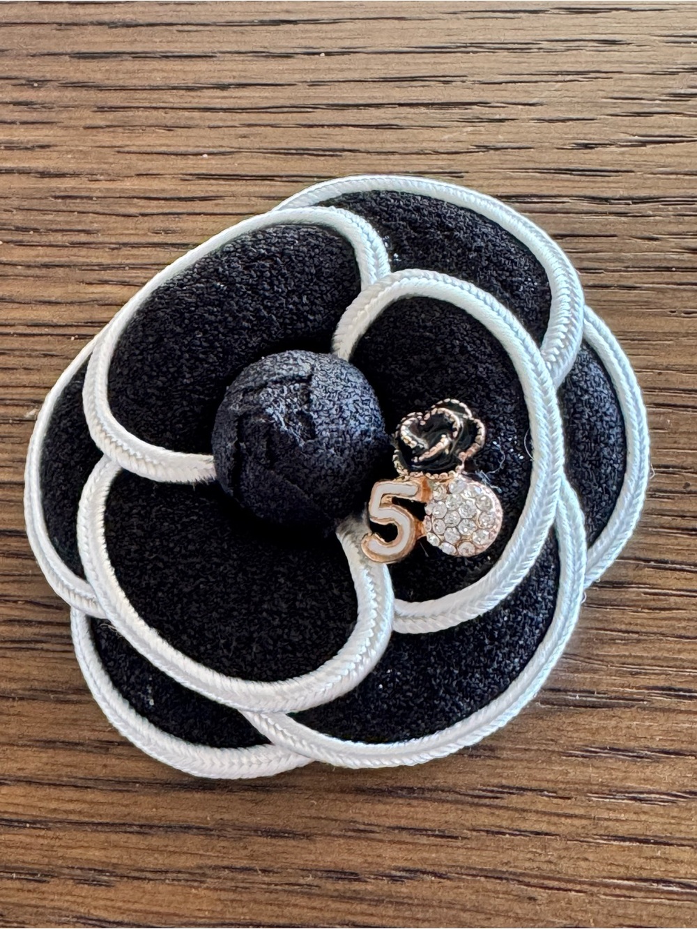 Black and White Camellia Brooch Pin with Number '5' Charm